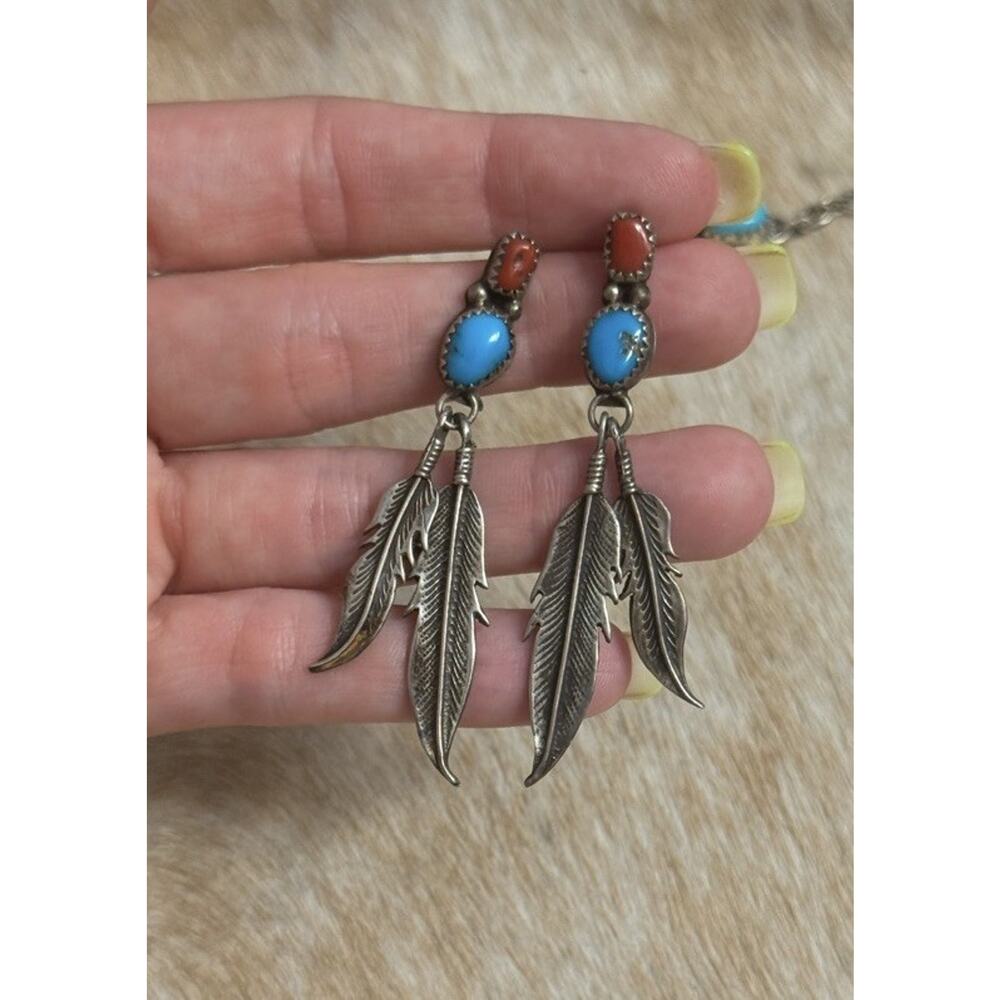Vintage Sterling Silver Turquoise Coral Feather Dangle Post Studs Earrings 925